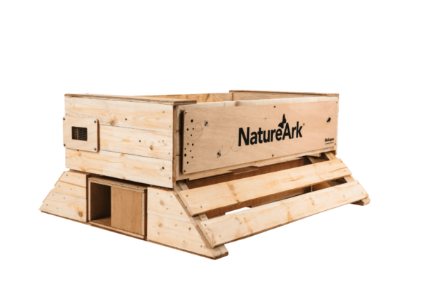 NatureArk fully built showing hedgehog hideaway (dry habitat), bee nesting sites and invertebrate hotel