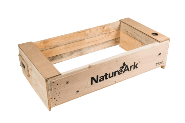 NatureArk front view of top frame showing invertebrate hotel, bee nesting sites and rot hole