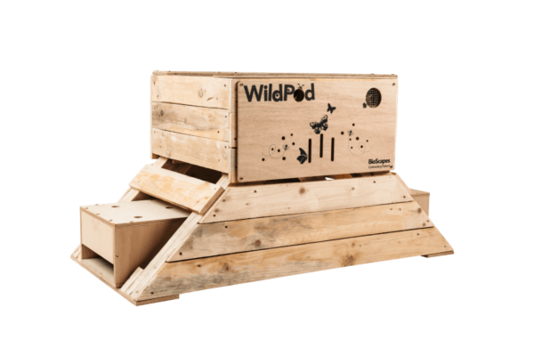 WildPod fully built showing amphibian refuge (wet habitat), rot hole, bee nesting sites, butterfly roost and invertebrate hotel